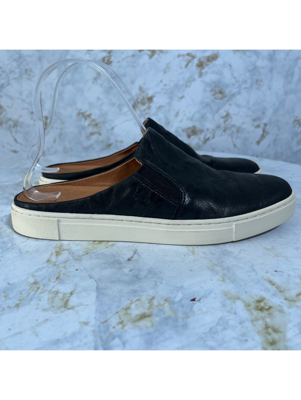 Frye Black Leather Slip-On Mule Sneakers with White Sole